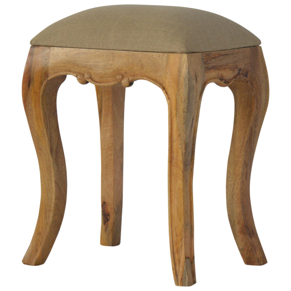 Mirabel Dressing Stool in Clay Linen, front view. Clay linen over a 100% solid hardwood frame, curved cabriole legs in a pale amber finish.