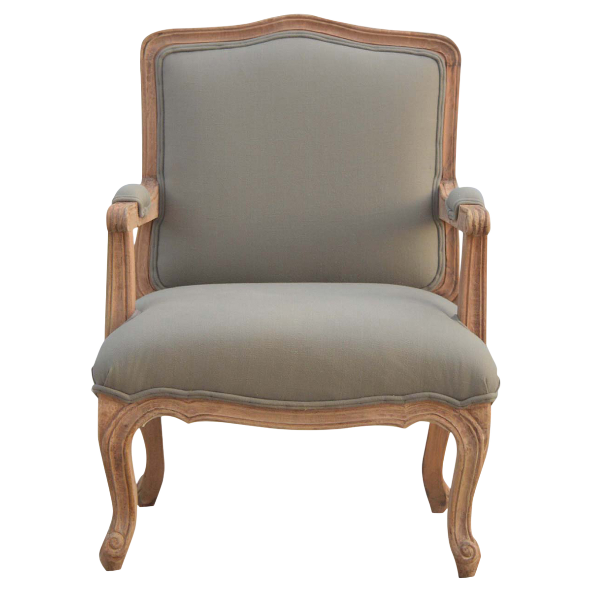 Mirabel French Linen Armchair in Clay Linen, front view. Clay linen upholstery on a hand-carved frame with cabriole legs.