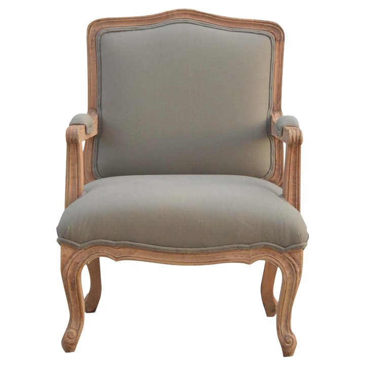 Mirabel French Linen Armchair in Clay Linen, front view. Clay linen upholstery on a hand-carved frame with cabriole legs.