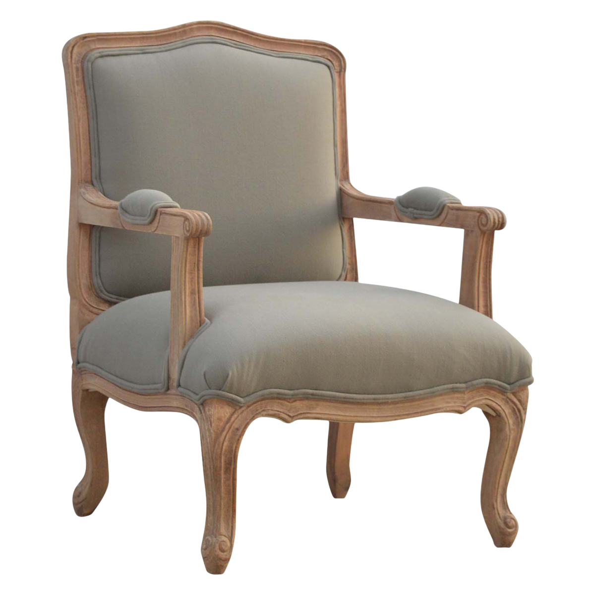 Mirabel French Linen Armchair in Clay Linen, three-quarter view showing the full profile.