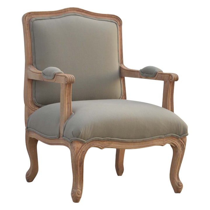 Mirabel French Linen Armchair in Clay Linen, three-quarter view showing the full profile.