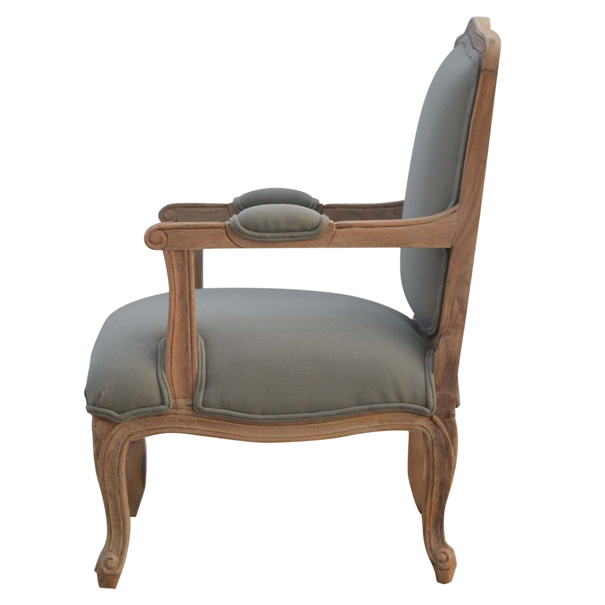 Mirabel French Linen Armchair in Clay Linen, side view showing the depth.