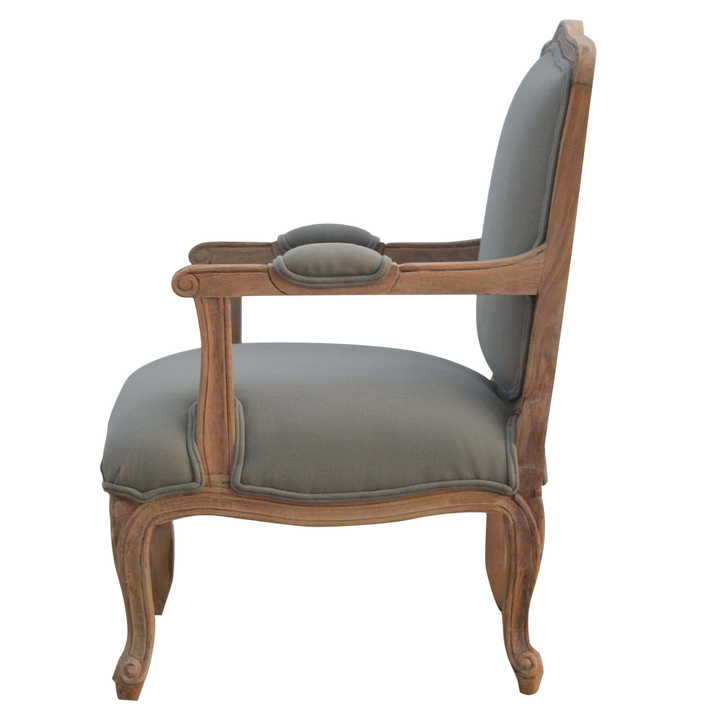 Mirabel French Linen Armchair in Clay Linen, side view showing the depth.