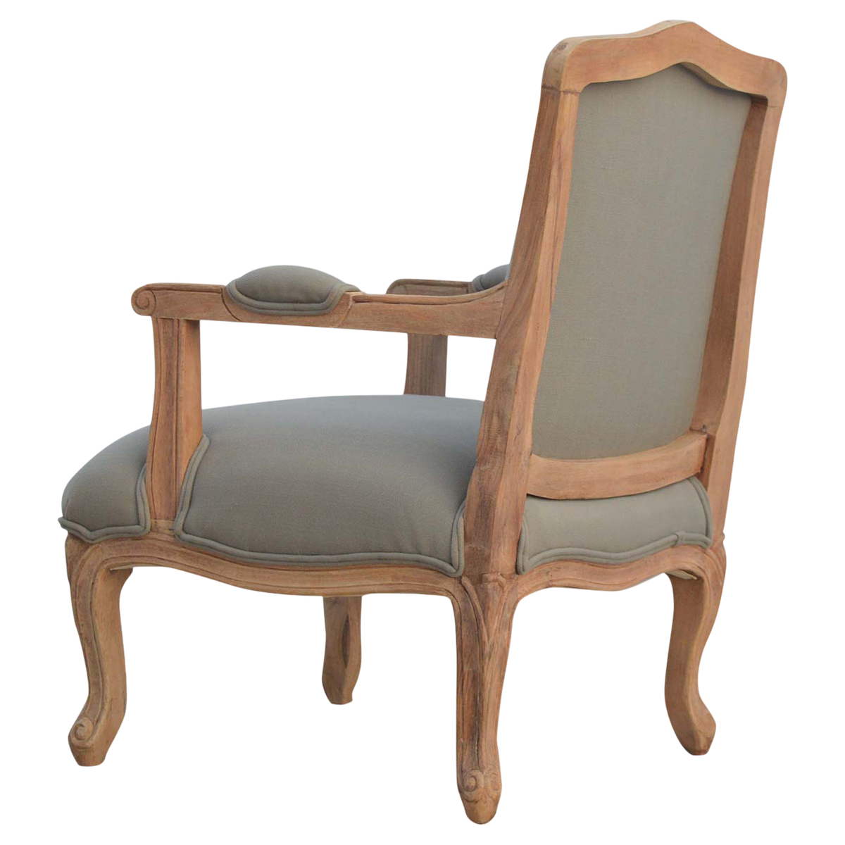 Mirabel French Linen Armchair in Clay Linen, rear three-quarter view.