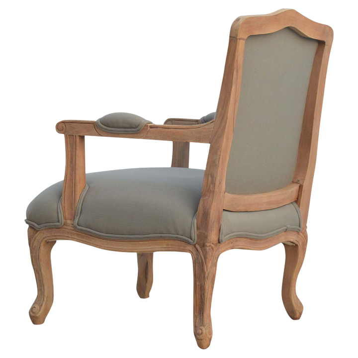 Mirabel French Linen Armchair in Clay Linen, rear three-quarter view.