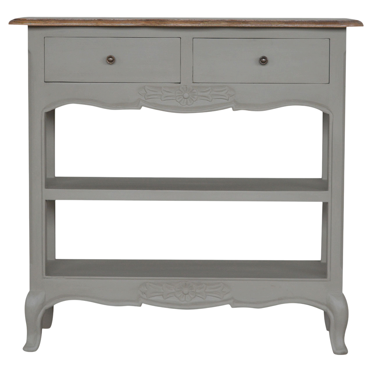 Mirabel Painted Console Table in Amber with Stone, front view. 100% solid hardwood, amber finish to the top, hand-painted stone grey base, two drawers, Victorian drop handles.