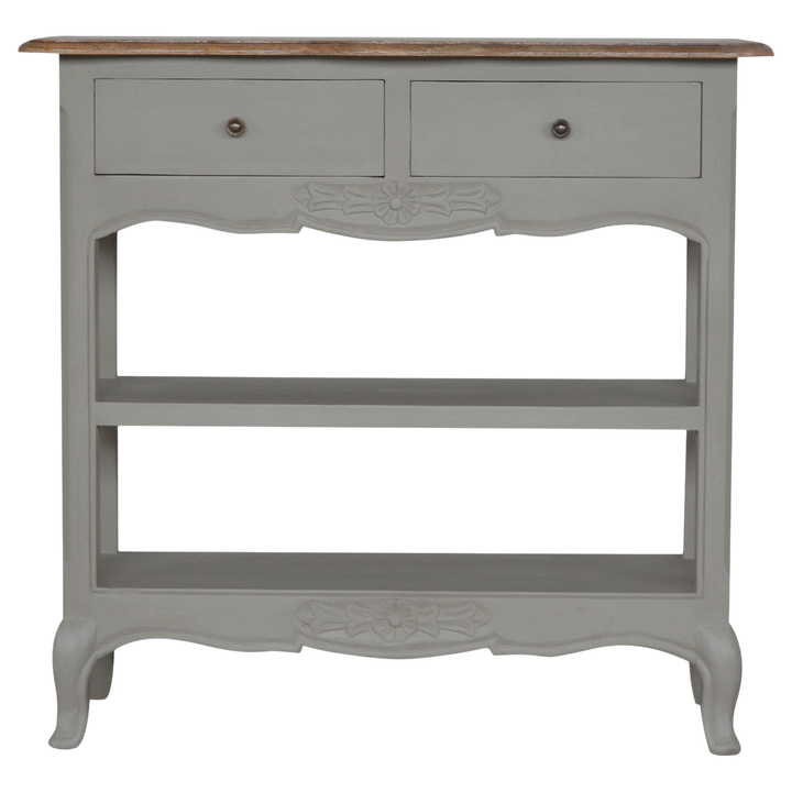 Mirabel Painted Console Table in Amber with Stone, front view. 100% solid hardwood, amber finish to the top, hand-painted stone grey base, two drawers, Victorian drop handles.