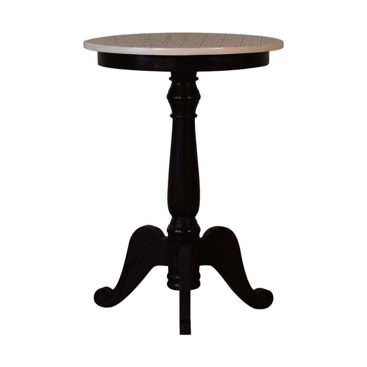 Mirabel Pedestal Tea Table in Cocoa, front view. 100% solid hardwood in a deep cocoa finish, turned central pedestal, shaped foot, round top.
