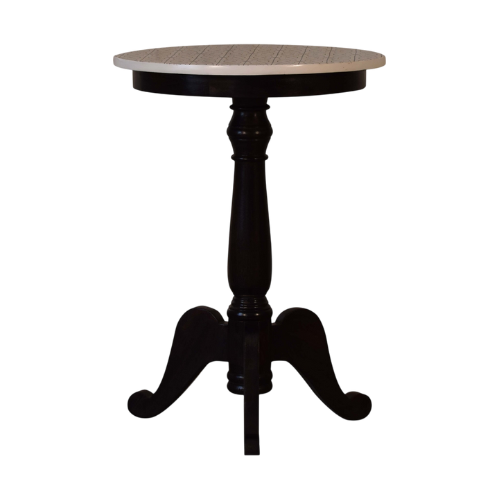 Mirabel Pedestal Tea Table in Cocoa, front view. 100% solid hardwood in a deep cocoa finish, turned central pedestal, shaped foot, round top.