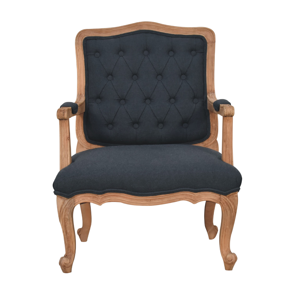 Mirabel Salon Chair in Ink, front view. Button-tufted ink linen on a hand-carved frame with cabriole legs.