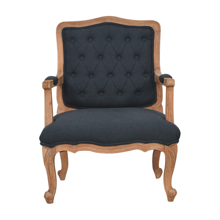 Mirabel Salon Chair in Ink, front view. Button-tufted ink linen on a hand-carved frame with cabriole legs.