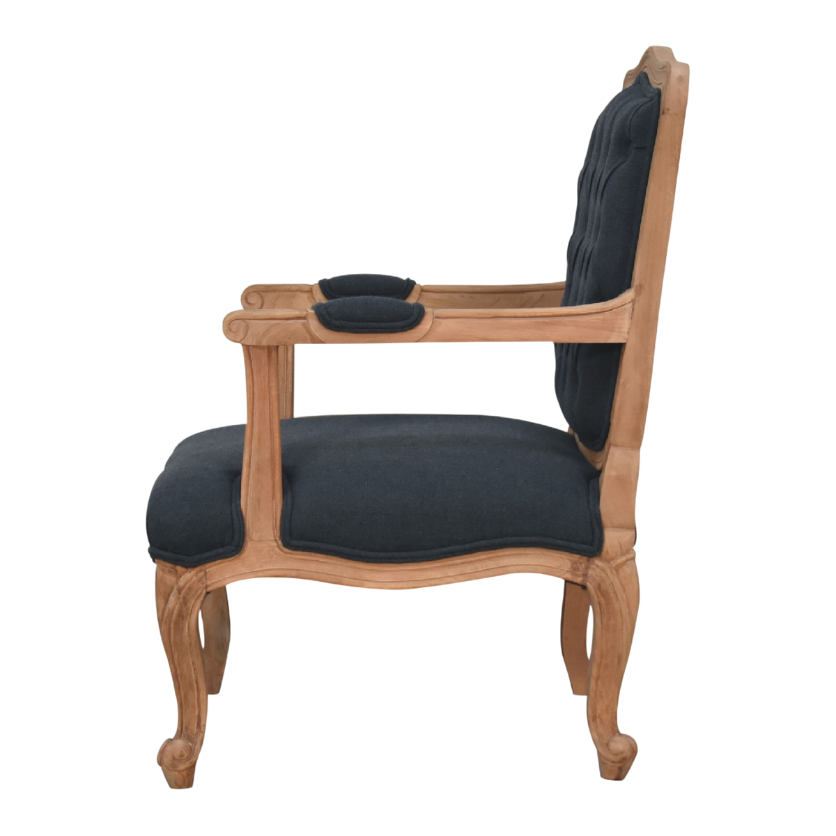 Mirabel Salon Chair in Ink, side view showing the depth.