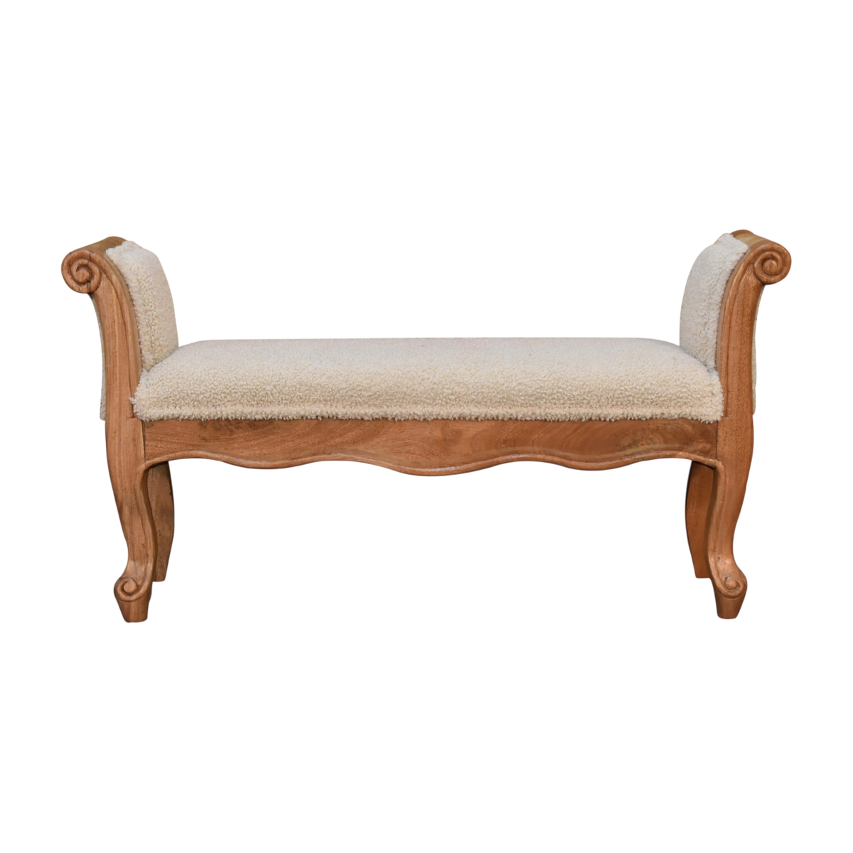 Mirabel Scroll-Arm Bench in Cream Bouclé, front view. Cream bouclé in cotton and natural yarn over a hand-carved solid hardwood frame in a pale amber finish.