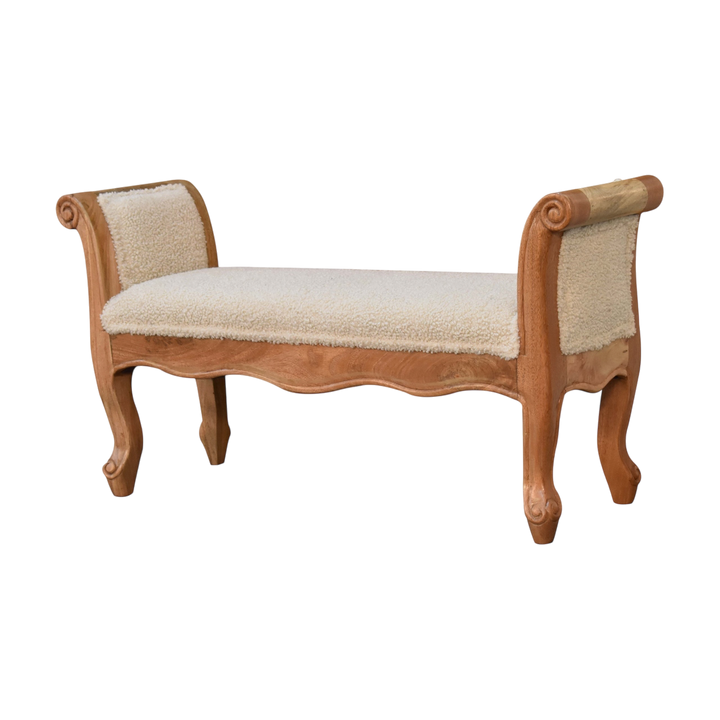 Mirabel Scroll-Arm Bench in Cream Bouclé, three-quarter view showing the full profile.