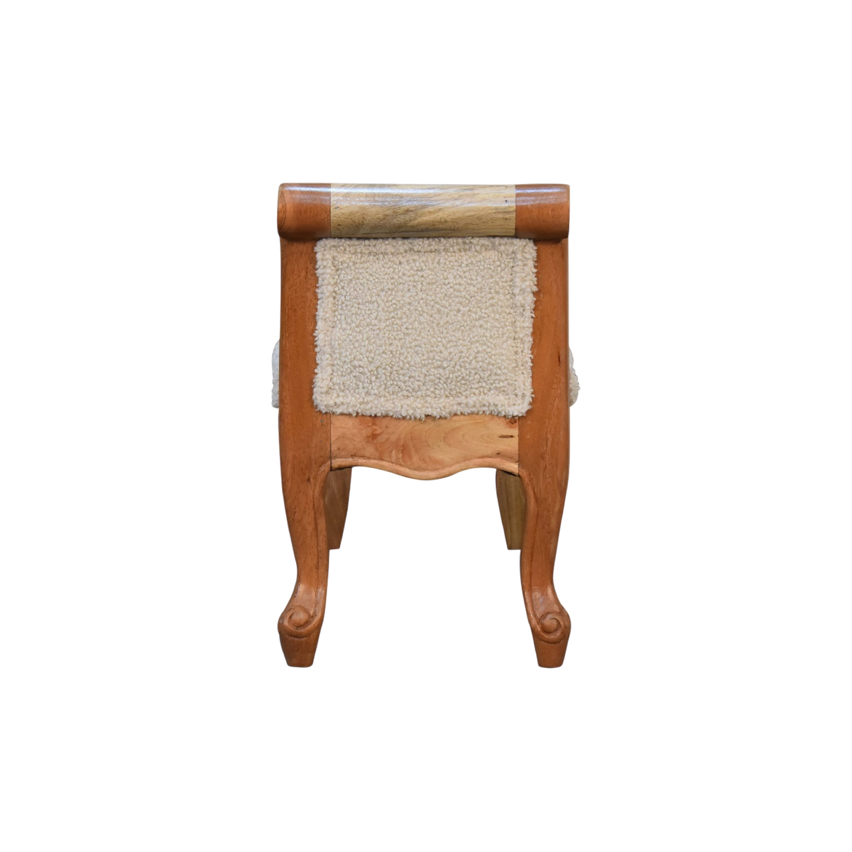 Mirabel Scroll-Arm Bench in Cream Bouclé, side view showing the depth.