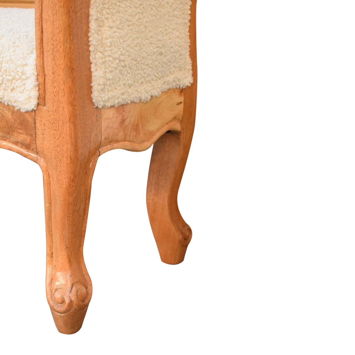 Close view of the legs on the Mirabel Scroll-Arm Bench in Cream Bouclé.