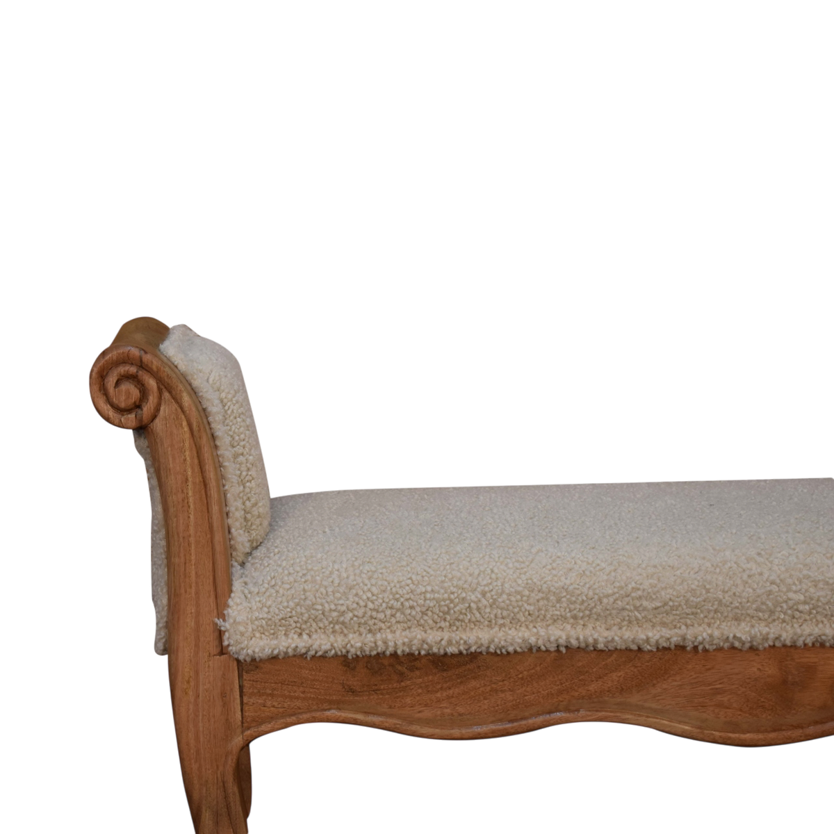 Close view of the seat on the Mirabel Scroll-Arm Bench in Cream Bouclé.