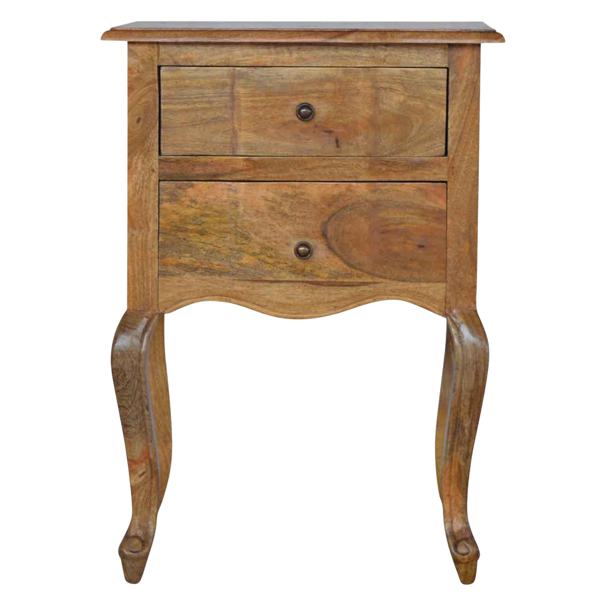 Mirabel Tall 2-Drawer Bedside Table in Amber, front view. 100% solid hardwood in a warm amber finish, two deep drawers, hand-carved scroll and scallop detail.
