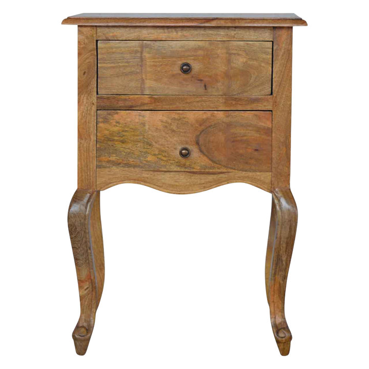 Mirabel Tall 2-Drawer Bedside Table in Amber, front view. 100% solid hardwood in a warm amber finish, two deep drawers, hand-carved scroll and scallop detail.