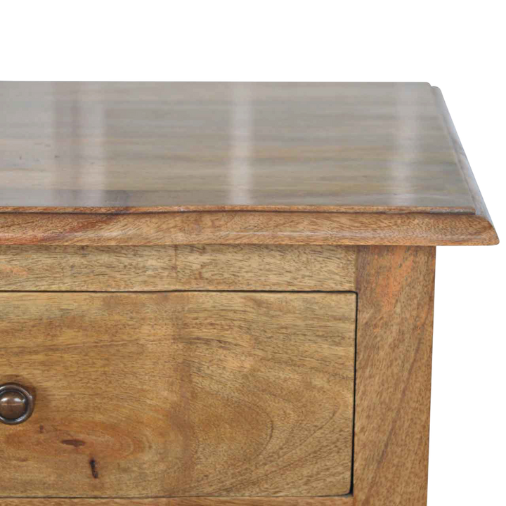 Close view of the top on the Mirabel Tall 2-Drawer Bedside Table in Amber.