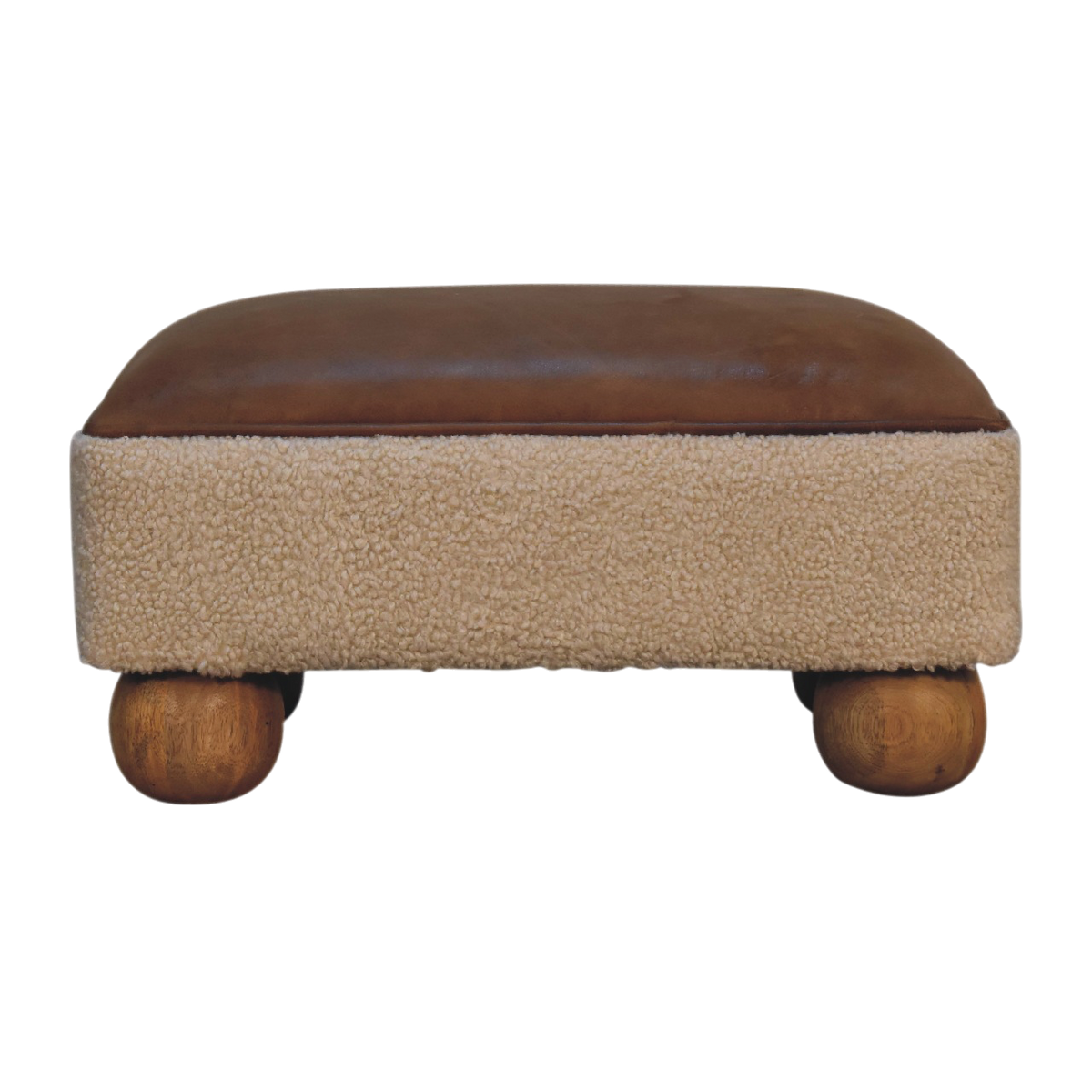 Oakhurst Ball-Foot Footstool in Cream Bouclé with Cognac Leather, front view. Aged cognac leather seat over a cream bouclé base in cotton and natural yarn, 100% solid hardwood frame.