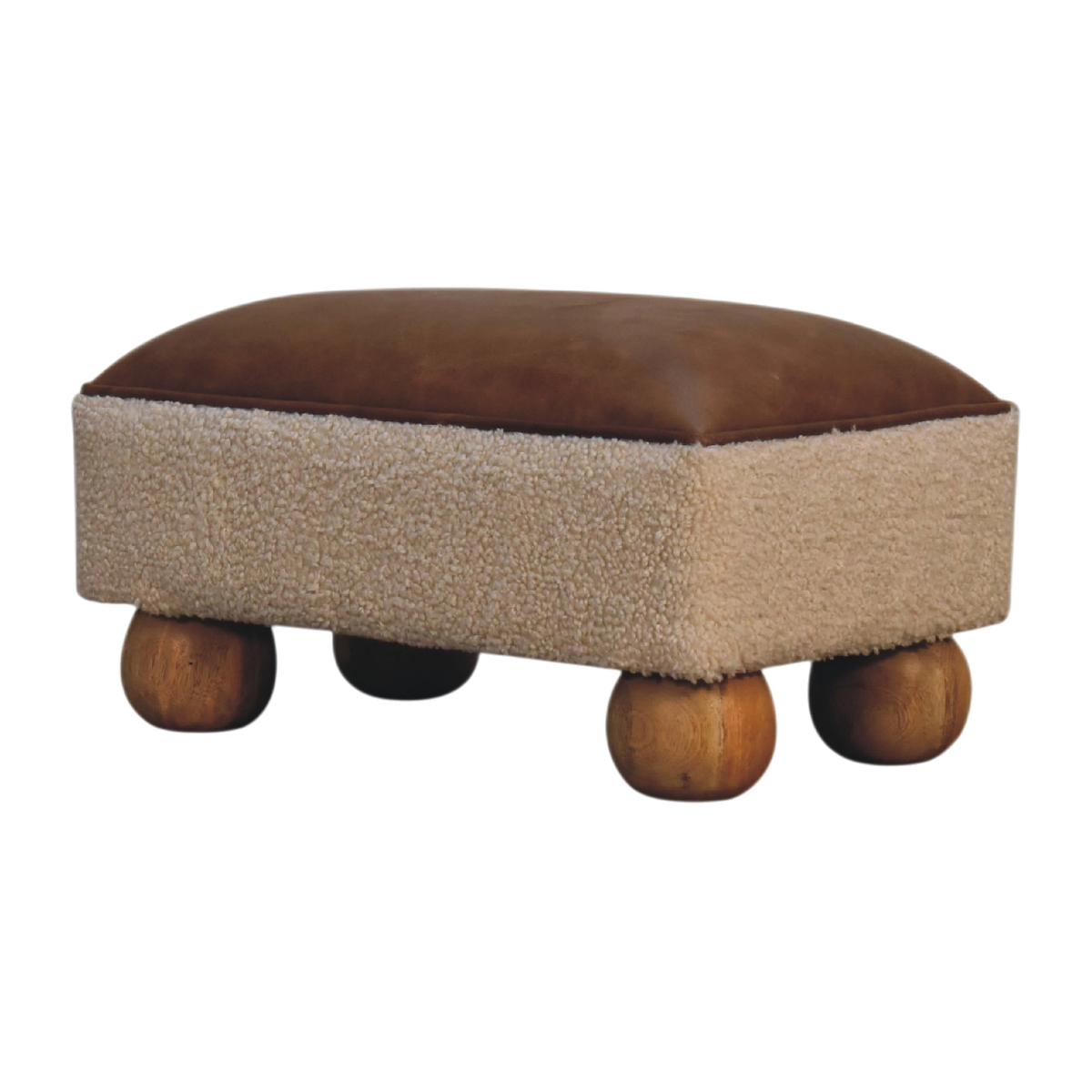Oakhurst Ball-Foot Footstool in Cream Bouclé with Cognac Leather, three-quarter view showing the full profile.
