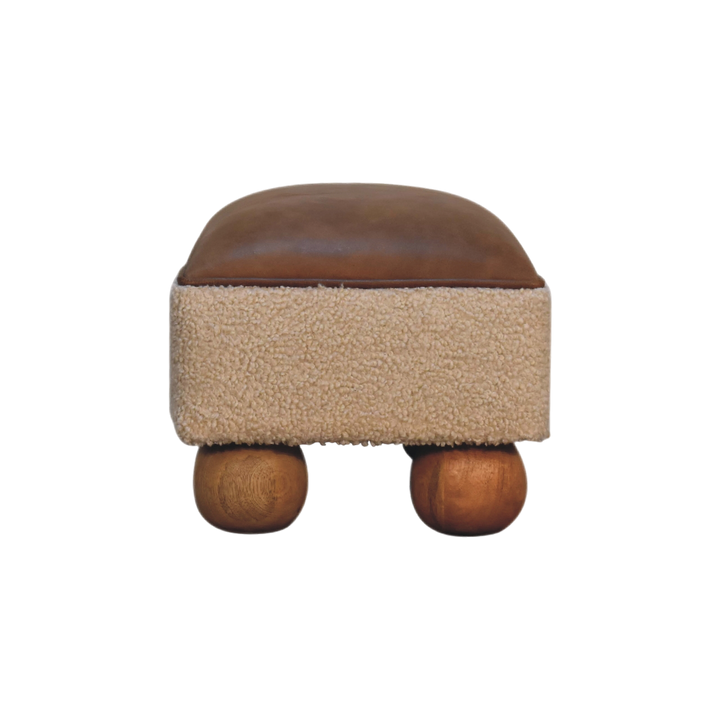 Oakhurst Ball-Foot Footstool in Cream Bouclé with Cognac Leather, side view showing the depth.
