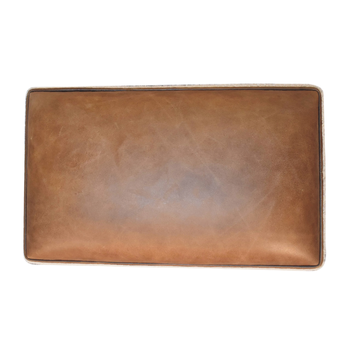 Oakhurst Ball-Foot Footstool in Cream Bouclé with Cognac Leather, shown from above.