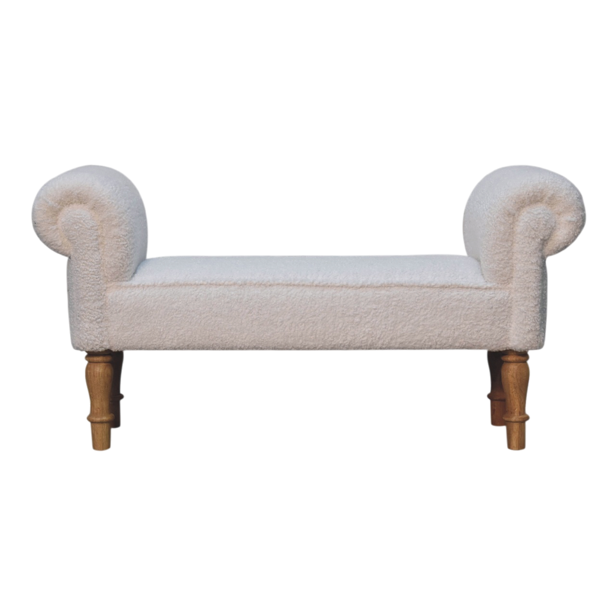 Oakhurst Bedroom Bench in Alabaster Bouclé, front view. Alabaster bouclé in cotton and natural yarn over a 100% solid hardwood frame, turned legs in a pale amber finish.