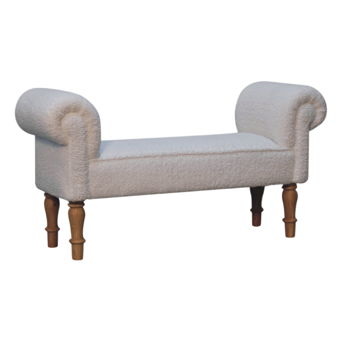 Oakhurst Bedroom Bench in Alabaster Bouclé, three-quarter view showing the full profile.