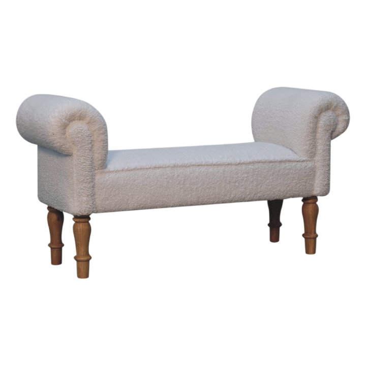 Oakhurst Bedroom Bench in Alabaster Bouclé, three-quarter view showing the full profile.