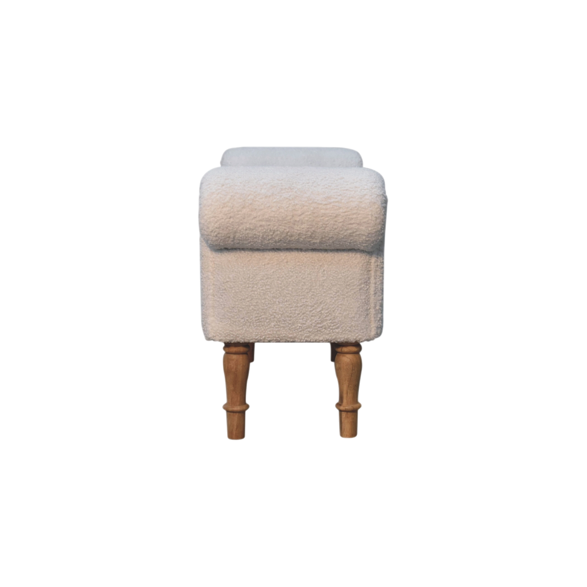 Oakhurst Bedroom Bench in Alabaster Bouclé, side view showing the depth.