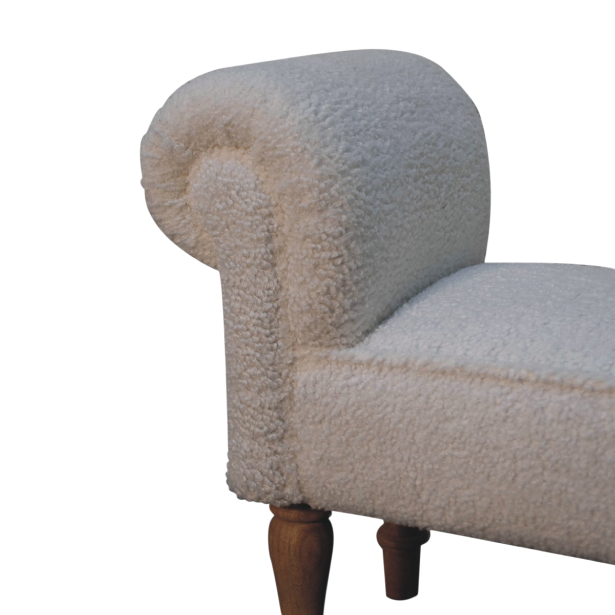Close view of the arm on the Oakhurst Bedroom Bench in Alabaster Bouclé.