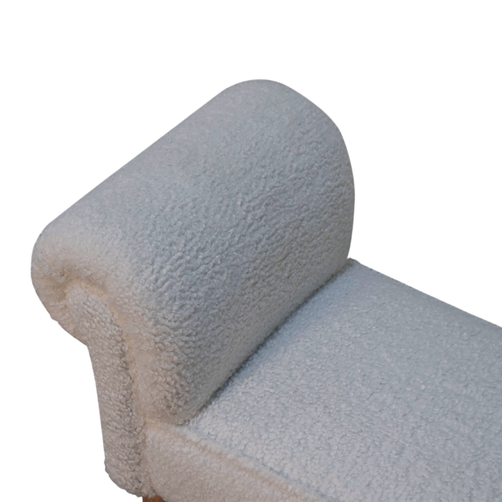 Close view of the seat on the Oakhurst Bedroom Bench in Alabaster Bouclé.