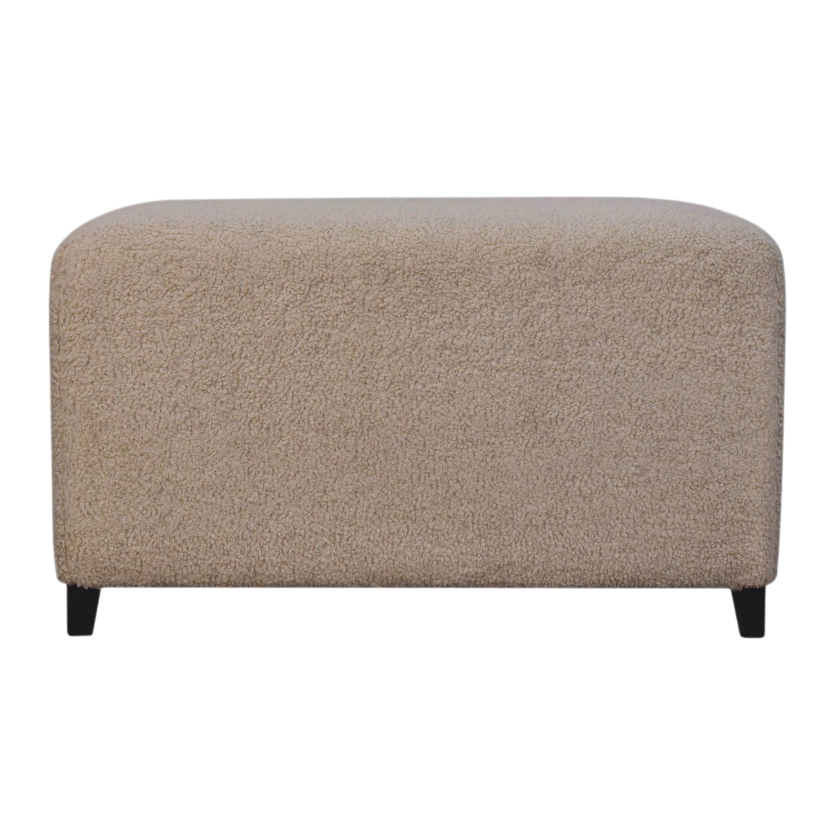 Oakhurst Bouclé Ottoman in Cream, front view. Cream bouclé upholstery on solid wood legs.