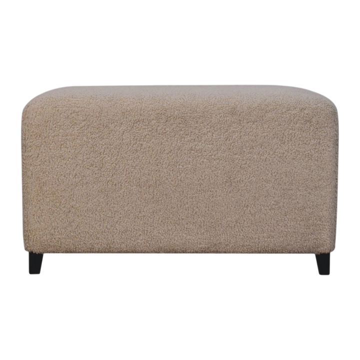 Oakhurst Bouclé Ottoman in Cream, front view. Cream bouclé upholstery on solid wood legs.