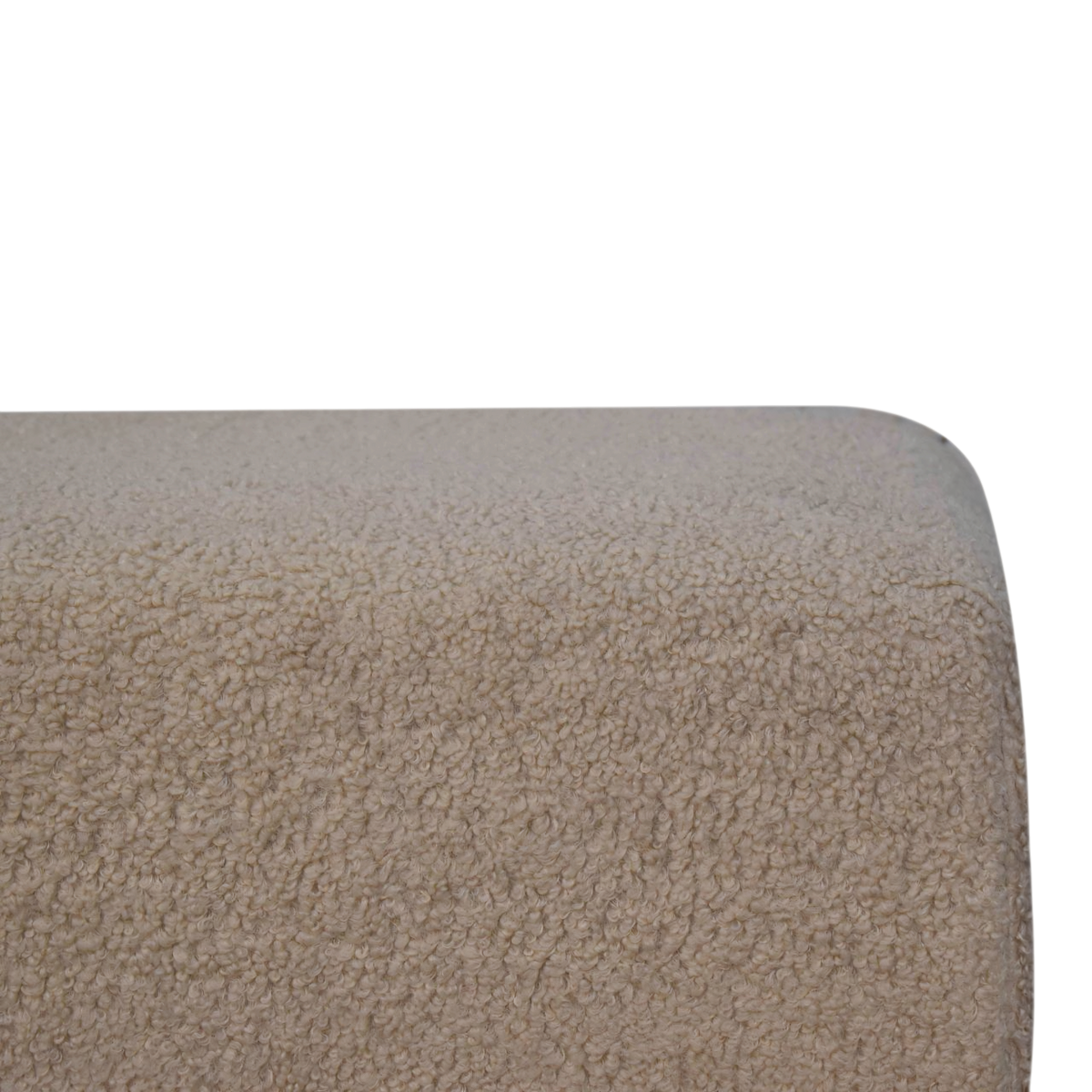 Close view of the bouclé on the Oakhurst Bouclé Ottoman in Cream.