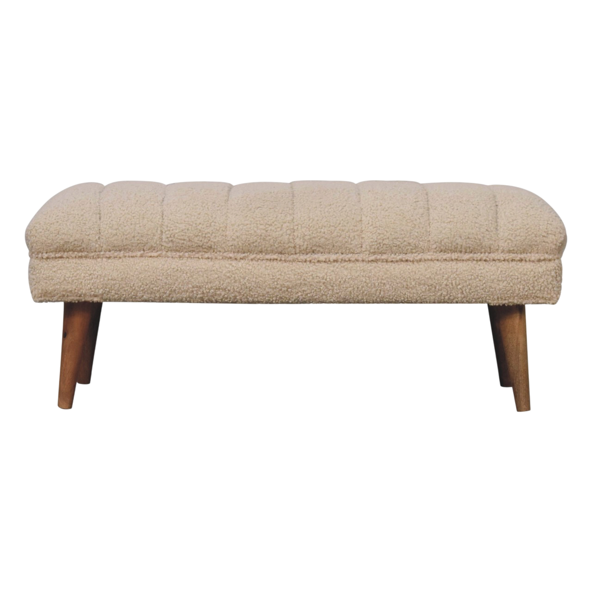 Oakhurst Curved Bench in Cream Bouclé, front view. Cream bouclé in cotton and natural yarn over a solid hardwood frame, curved top, fully upholstered.