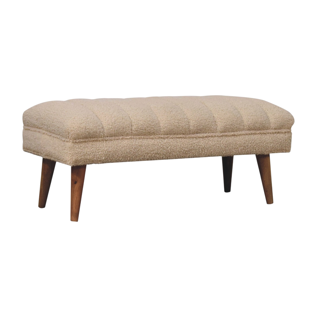 Oakhurst Curved Bench in Cream Bouclé, three-quarter view showing the full profile.