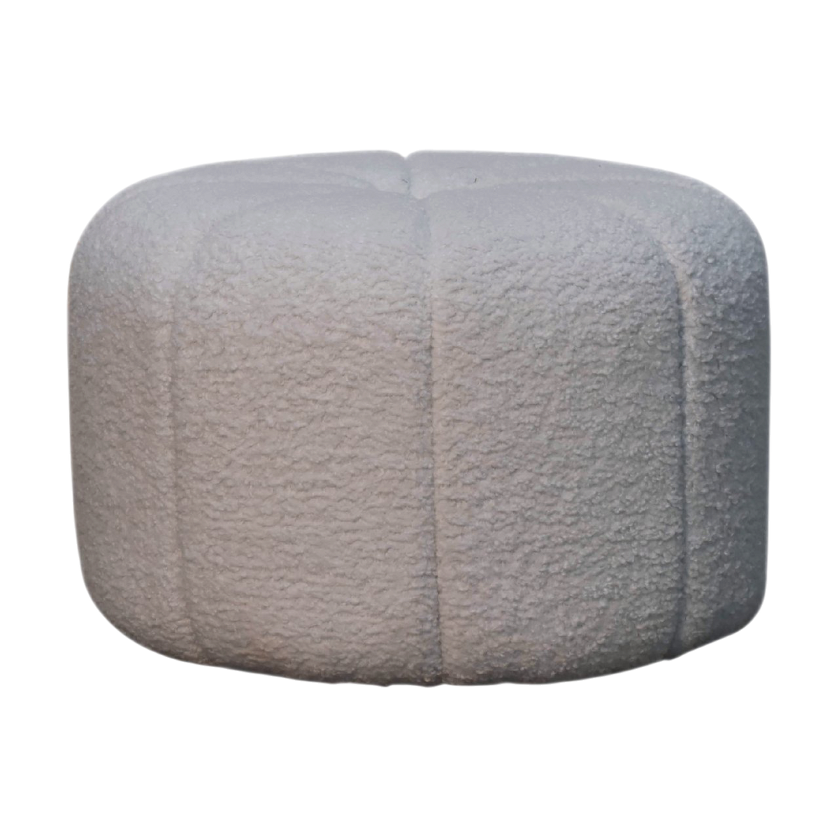 Oakhurst Drum Footstool in Alabaster Bouclé, front view. Alabaster bouclé in cotton and natural yarn over a solid hardwood frame, wide low drum, fully upholstered.