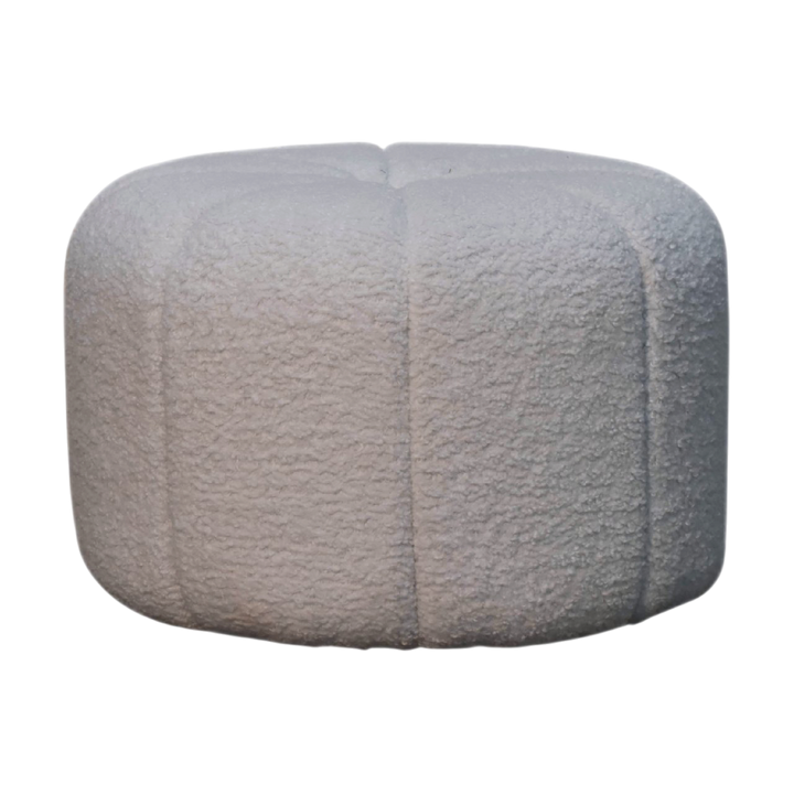 Oakhurst Drum Footstool in Alabaster Bouclé, front view. Alabaster bouclé in cotton and natural yarn over a solid hardwood frame, wide low drum, fully upholstered.