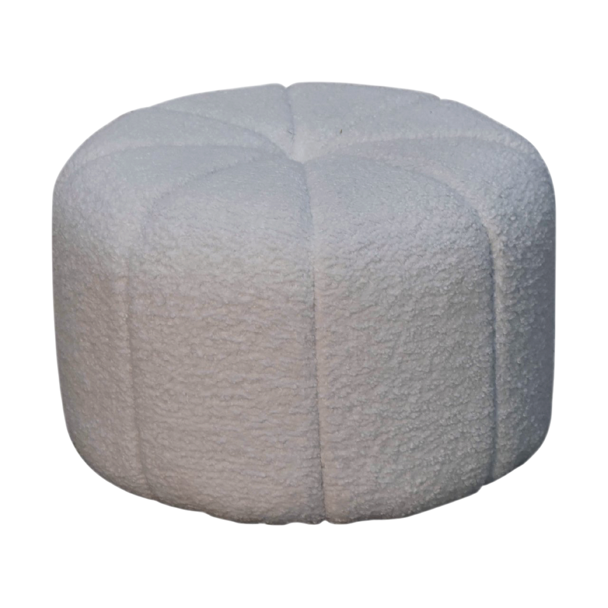 Oakhurst Drum Footstool in Alabaster Bouclé, three-quarter view showing the full profile.