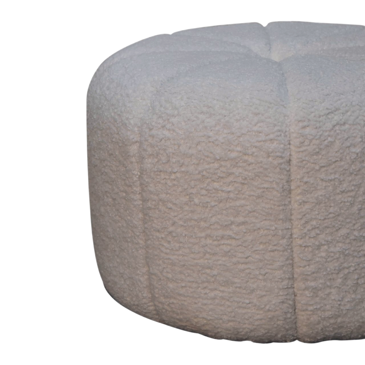 Oakhurst Drum Footstool in Alabaster Bouclé, side view showing the depth.