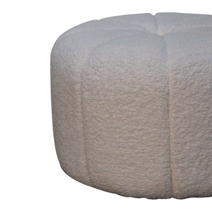 Oakhurst Drum Footstool in Alabaster Bouclé, side view showing the depth.