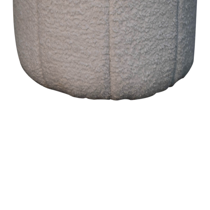 Close view of the bouclé on the Oakhurst Drum Footstool in Alabaster Bouclé.