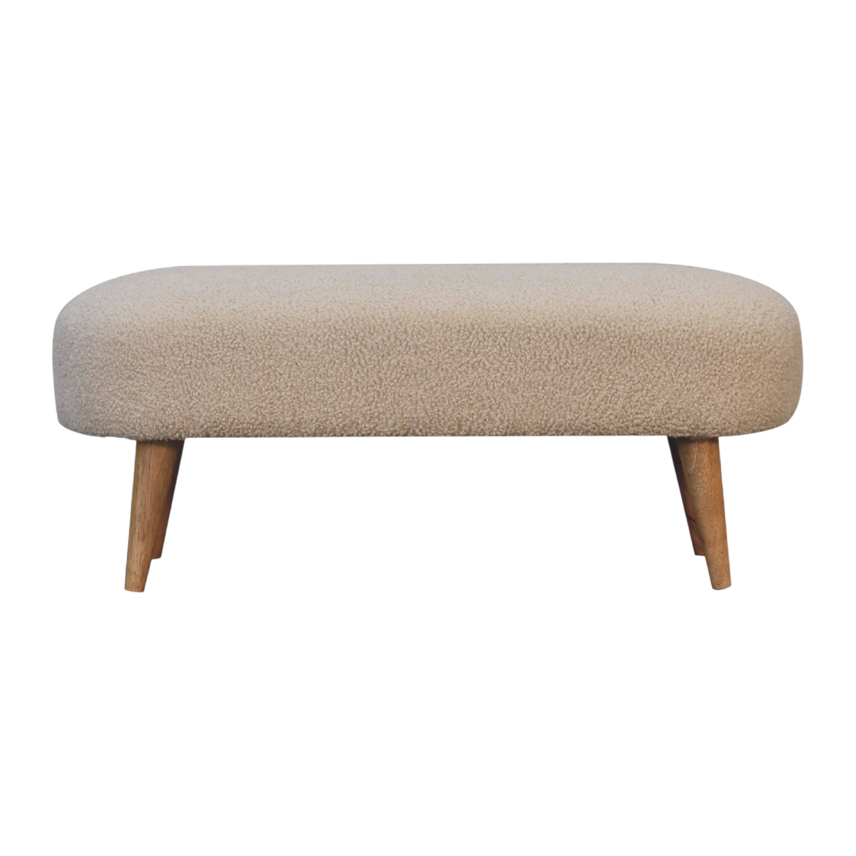 Oakhurst Hall Bench in Cream Bouclé, front view. Cream bouclé in cotton and natural yarn over a 100% solid hardwood frame.