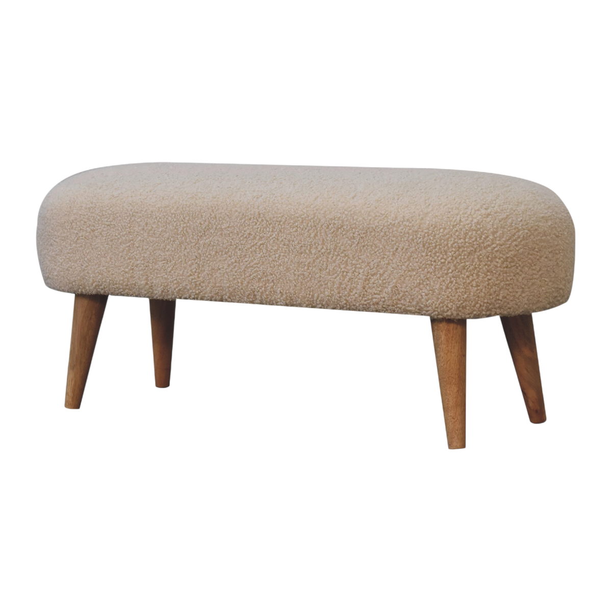 Oakhurst Hall Bench in Cream Bouclé, three-quarter view showing the full profile.