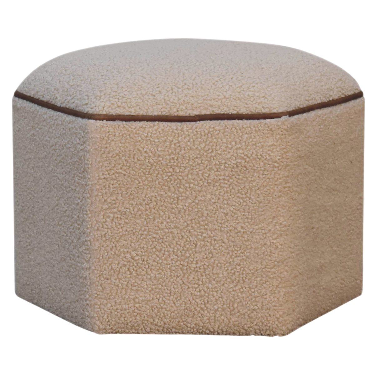 Oakhurst Hexagonal Footstool in Cream Bouclé with Tobacco Piping, front view. Cream bouclé in cotton and natural yarn over a solid hardwood frame, six-sided body.