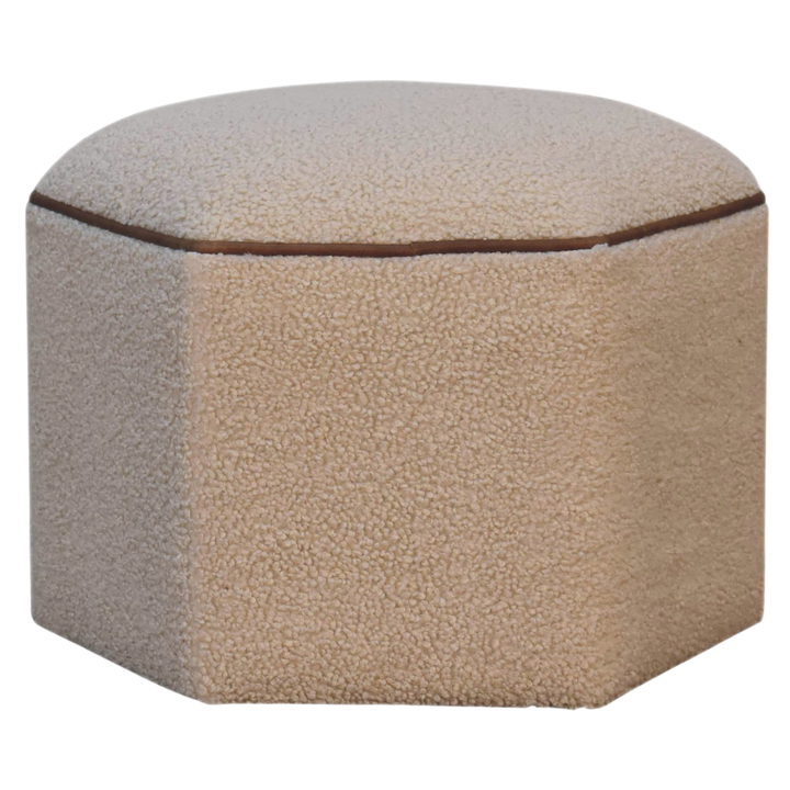 Oakhurst Hexagonal Footstool in Cream Bouclé with Tobacco Piping, front view. Cream bouclé in cotton and natural yarn over a solid hardwood frame, six-sided body.