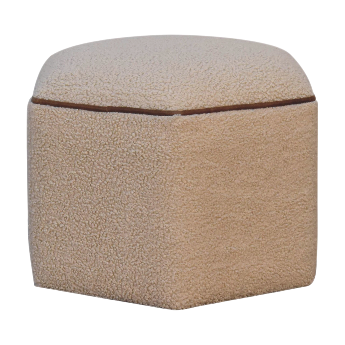 Oakhurst Hexagonal Footstool in Cream Bouclé with Tobacco Piping, three-quarter view showing the full profile.